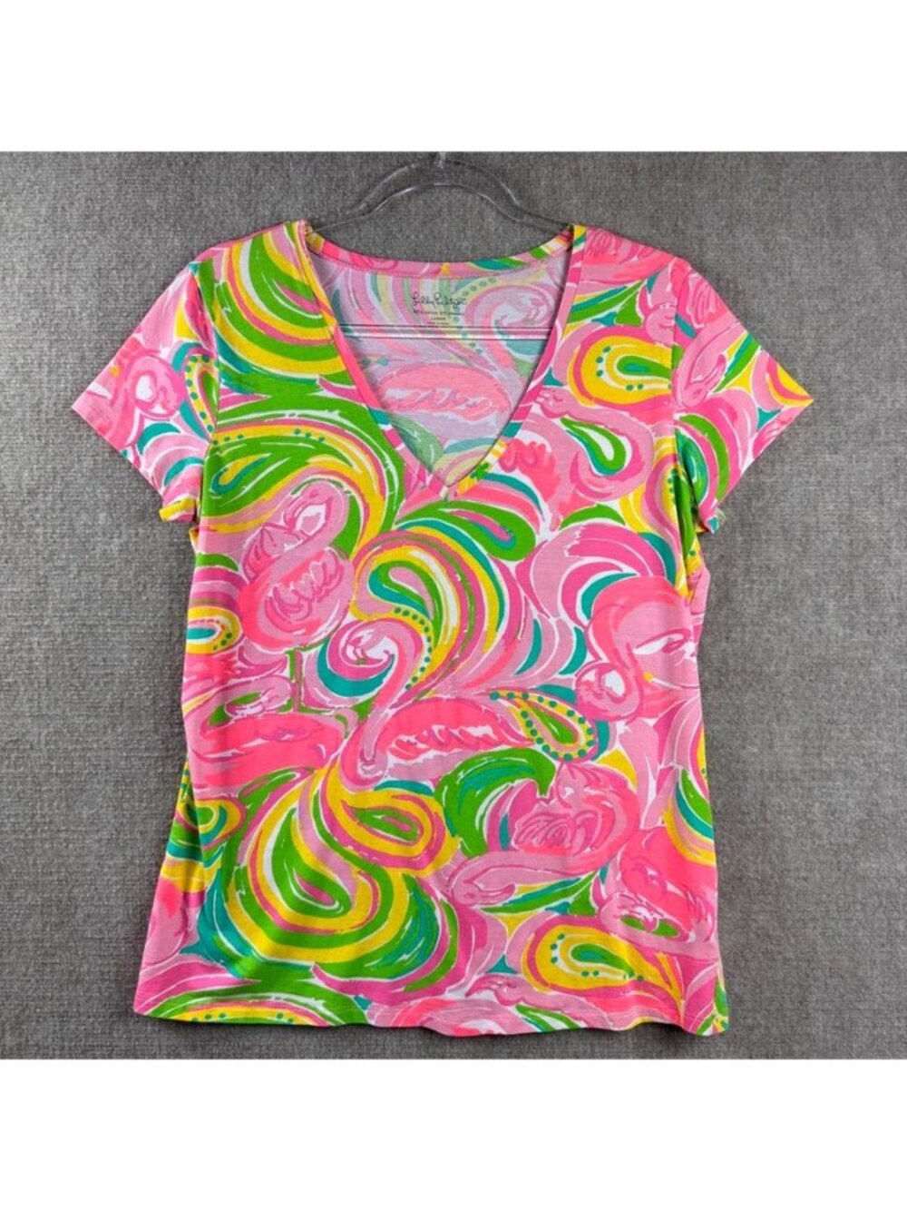 Lilly Pulitzer Michele All Nighter Flamingo Print V-Neck Tee Shirt Large Pink